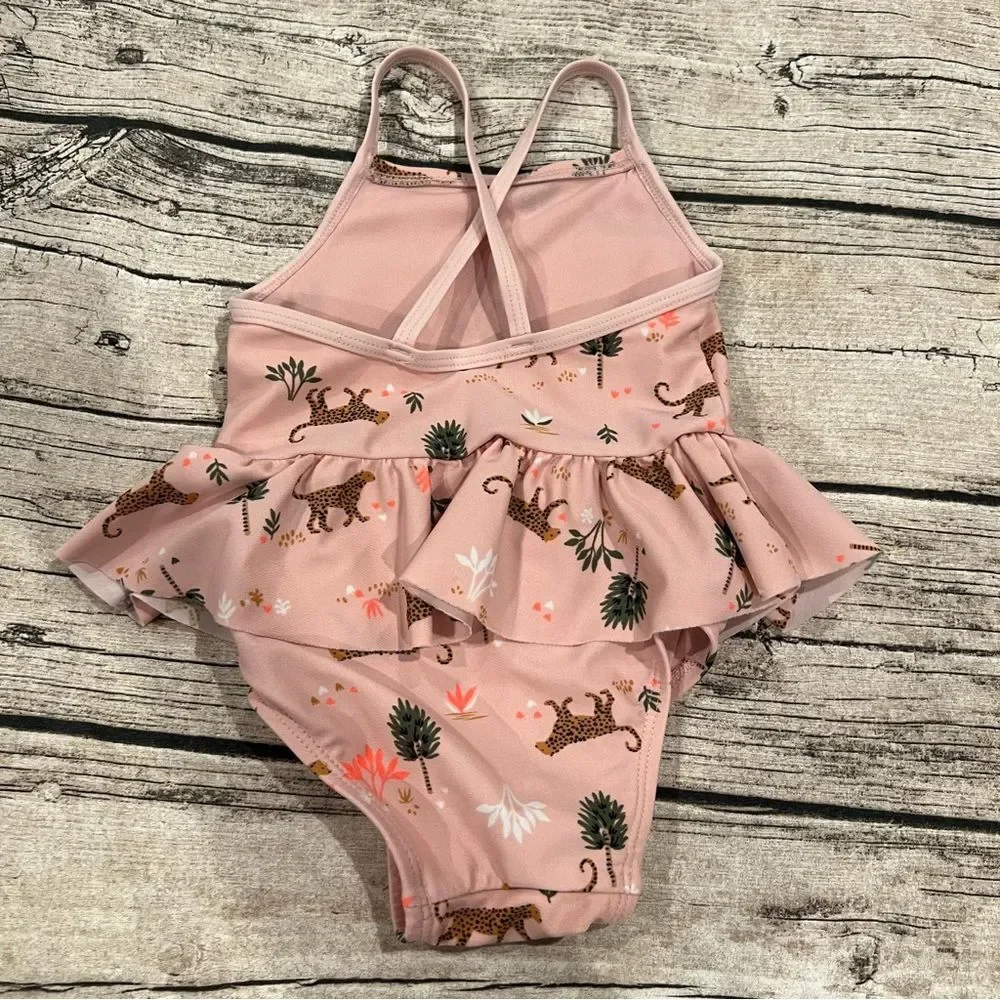 Old Navy Pink One Piece Ruffled Swimsuit with jungle print, size 12-18